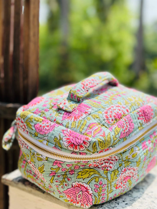 Handblock Quilted Vanity Bag – Travel-Friendly Organizer