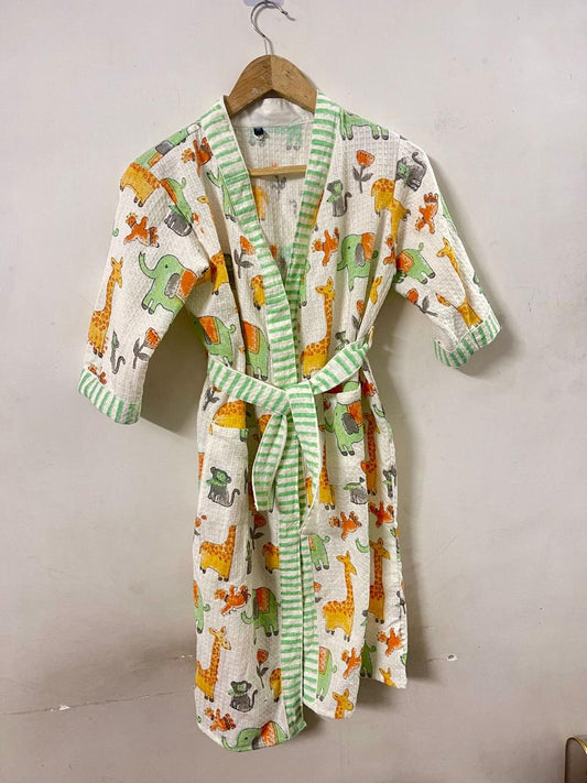 Hand Block Printed Kids Waffle Cotton Bathrobe - Jungle