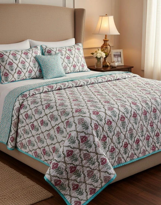 Mughal Bagh Collection - Matching Double Bed Quilt & Bedsheet Set