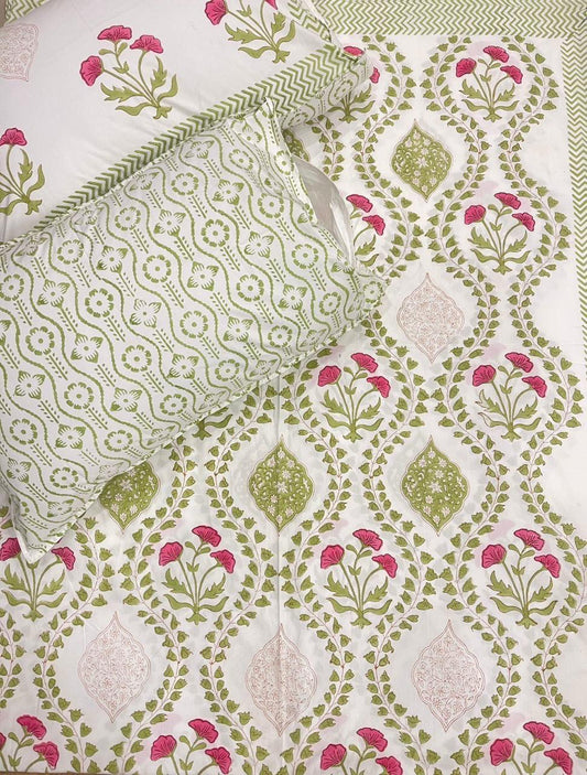 Sawai Bagh Collection - Hand Block Printed King Bedsheet with Reversible Pillow Covers (90 x 108 inches)