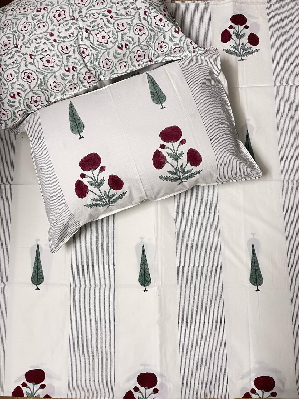 Khas Bagh Collection - Hand Block Printed Super King Bedsheet with Reversible Pillow Covers (108 x 108 inches)