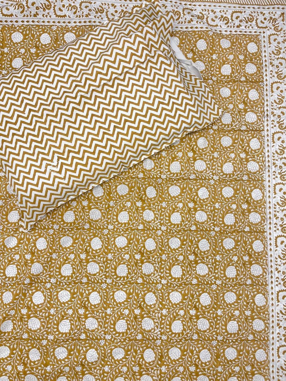 Mustard Hand Block Printed King Bedsheet with Reversible Pillow Covers (90 x 108 inches)