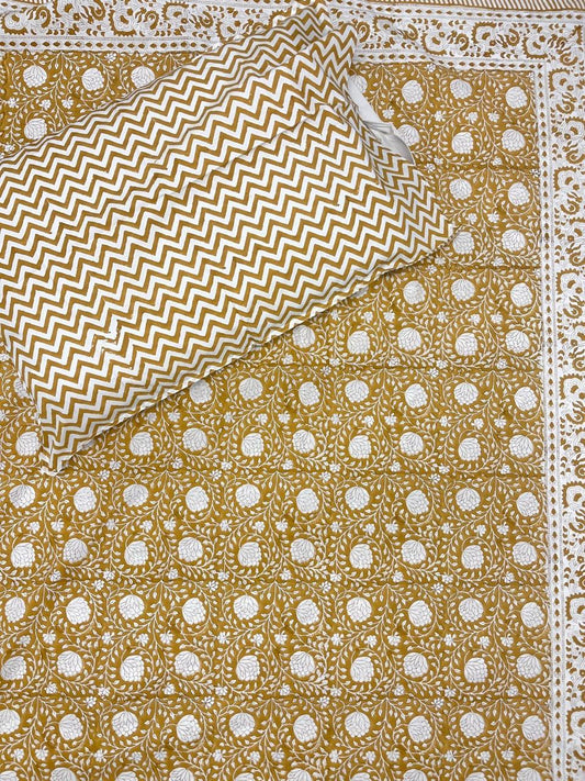 Mustard Hand Block Printed King Bedsheet with Reversible Pillow Covers (90 x 108 inches)