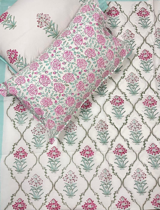 Mughal Bagh Collection - Hand Block Printed King Bedsheet with Reversible Pillow Covers (90 x 108 inches)