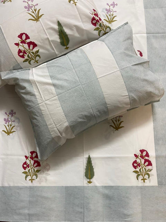 Phool Bagh Collection - Hand Block Printed King Bedsheet with Reversible Pillow Covers (90 x 108 inches)
