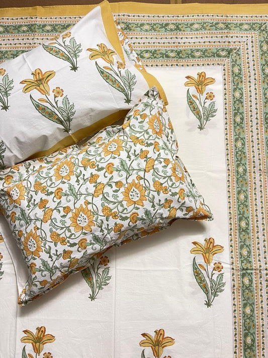 Sunhera Bagh Collection - Hand Block Printed King Bedsheet with Reversible Pillow Covers (90 x 108 inches)