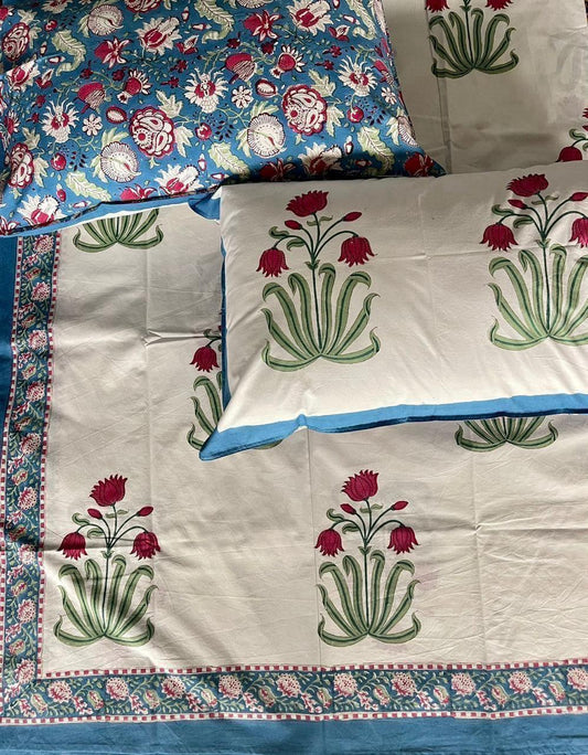 Sajjan Bagh Colection - Hand Block Printed King Bedsheet with Reversible Pillow Covers (90 x 108 inches)