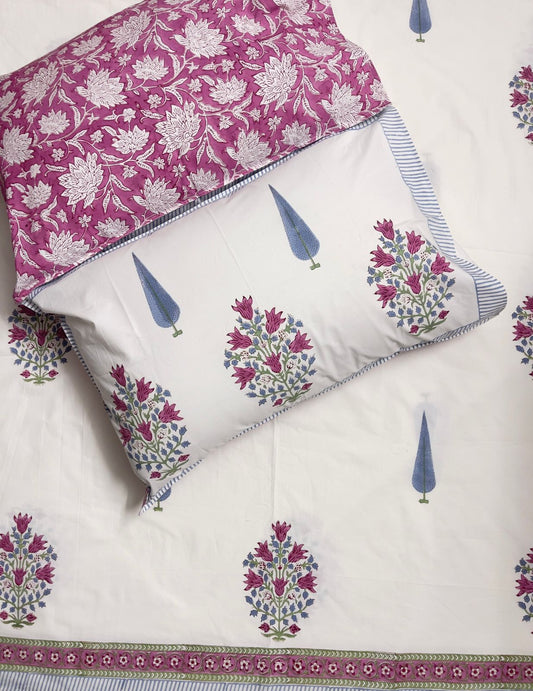 Hunar Bagh Collection - Hand Block Printed King Bedsheet with Reversible Pillow Covers (90 x 108 inches)
