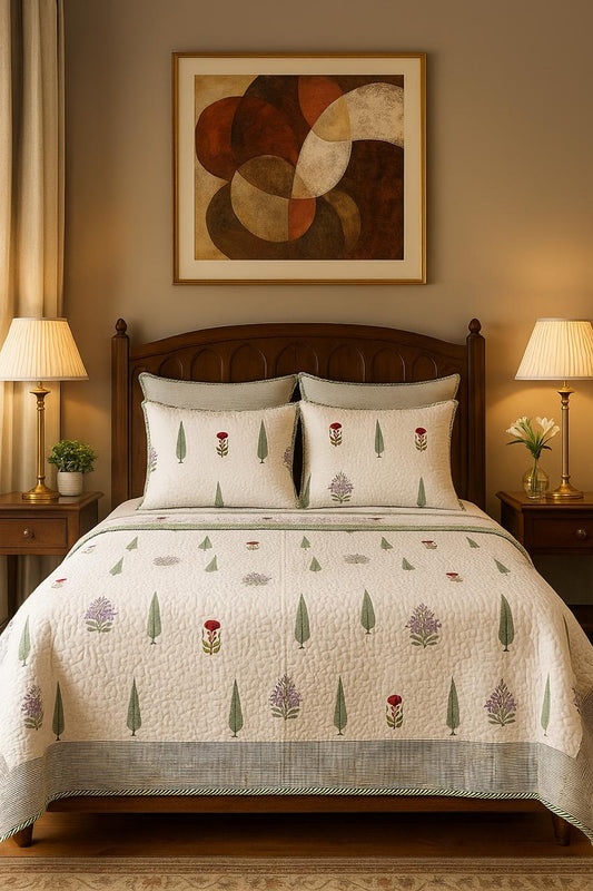 Handcrafted Quilted Cotton Bedcover with Two Pillow Covers