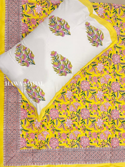 Yellow Floral Percale King Bedsheet with Pillow Covers (90 x 108 inches)