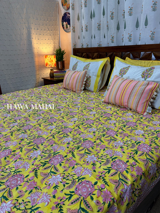 Yellow Floral Percale King Bedsheet with Pillow Covers (90 x 108 inches)