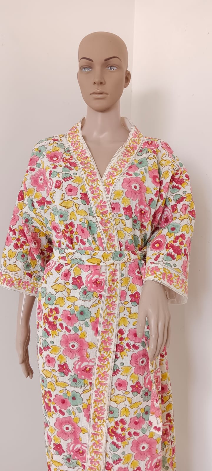 Yellow Hand Block Printed Cotton Waffle Bathrobe – Ultra Soft & Absorbent