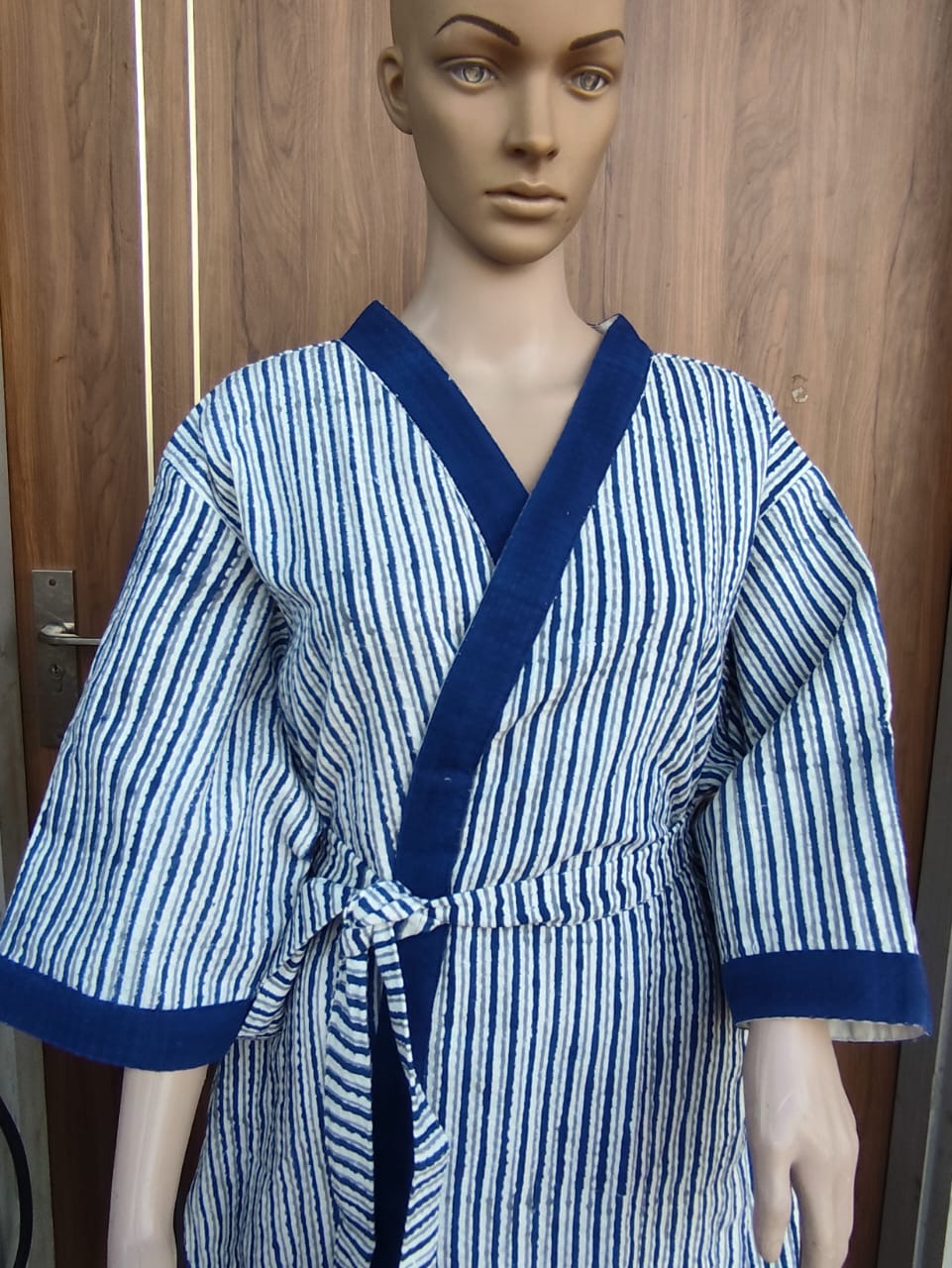 Blue Hand Block Printed Cotton Waffle Bathrobe – Ultra Soft & Absorbent