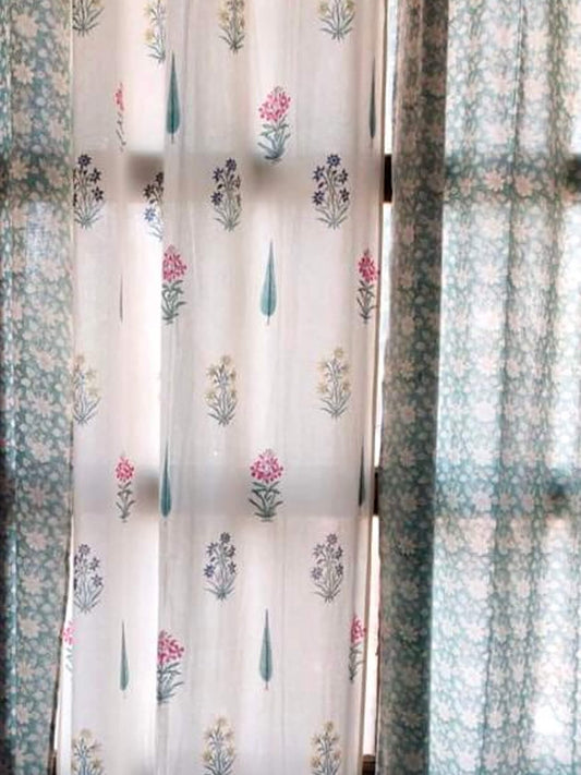 Block Print Curtain – White and Aqua