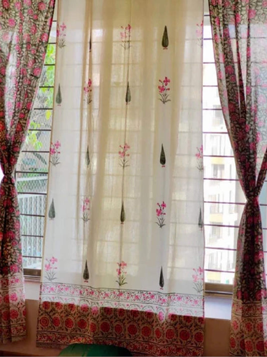 Block Print Curtain – White Buti and Green Floral