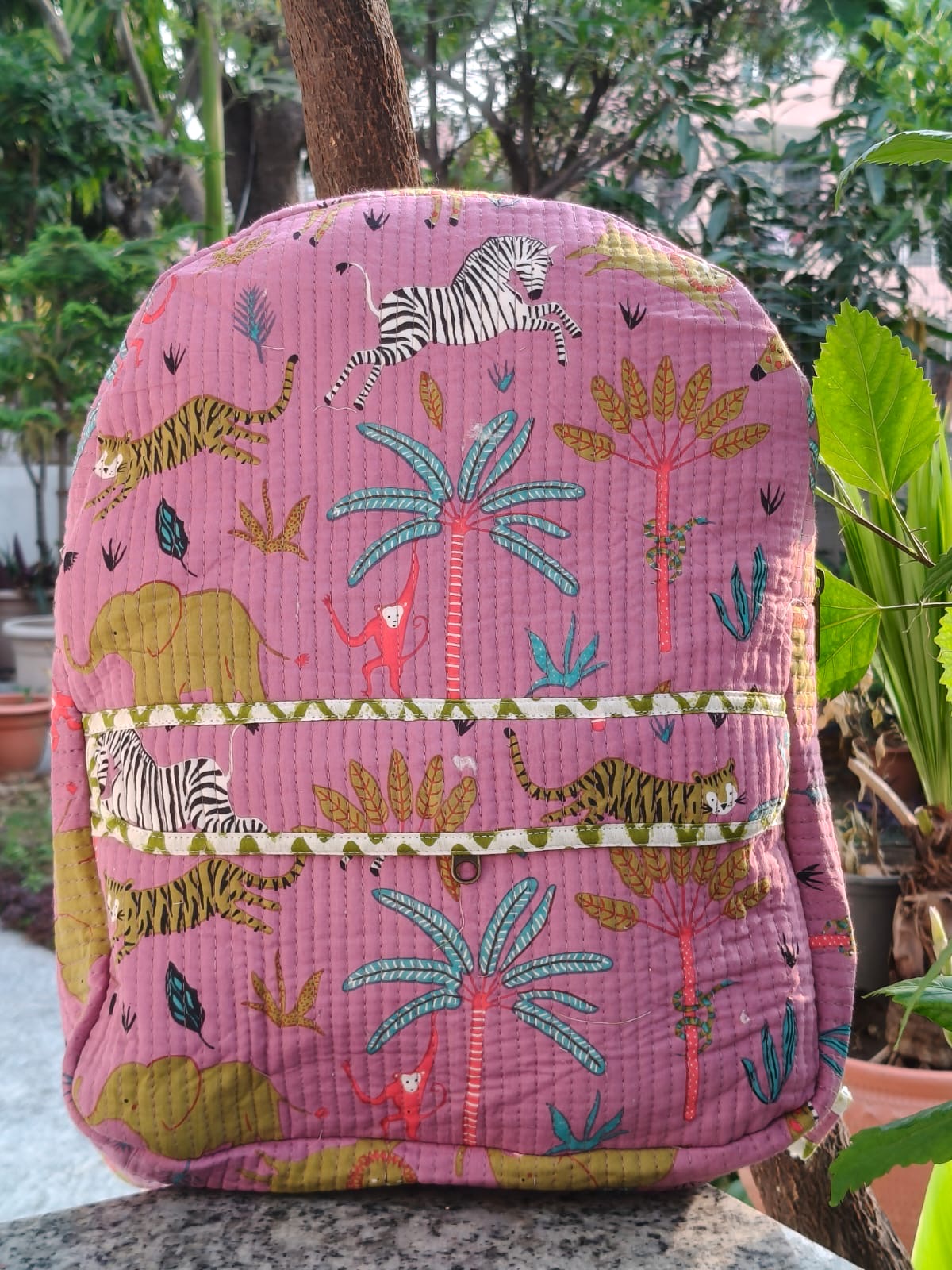 Pink Handblock Quilted Backpack – Lightweight & Stylish Bag