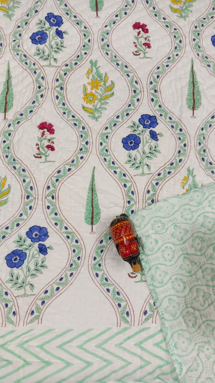 Blue Floral Jaipuri Quilt- Handblock Printed Reversible Mulmul Cotton Quilt - Double (90 x 108 inch)