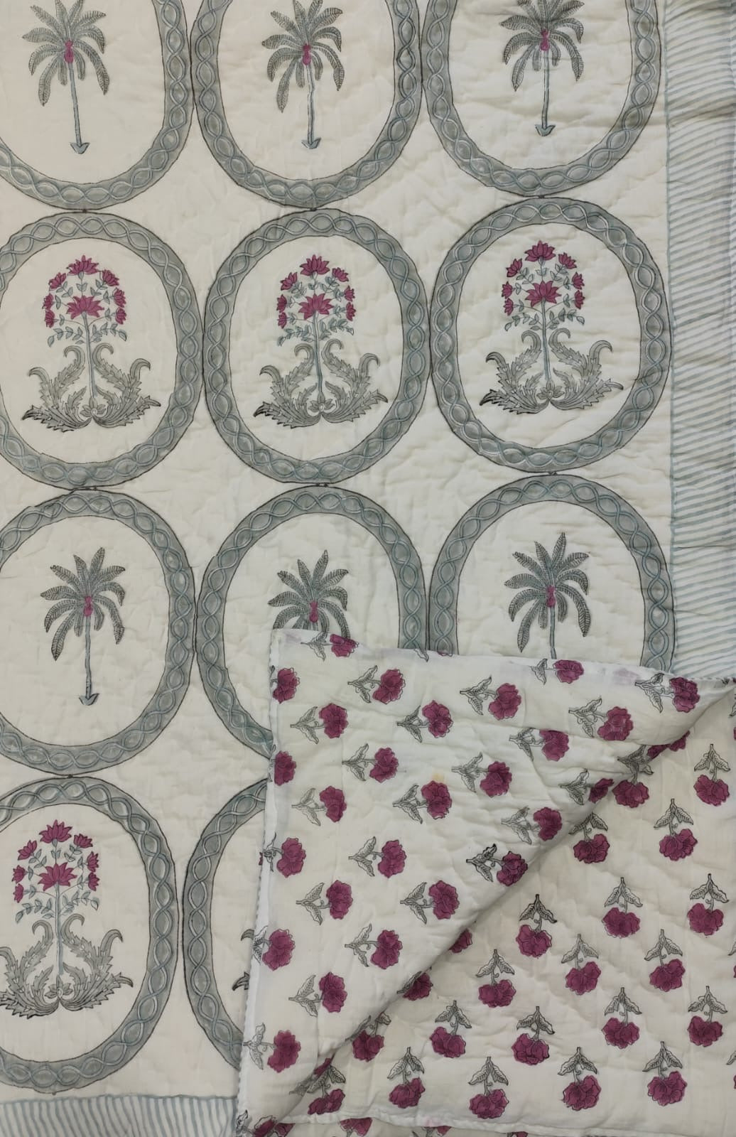 Grey Jaipuri Quilt- Handblock Printed Reversible Mulmul Cotton Quilt - Double (90 x 108 inch)