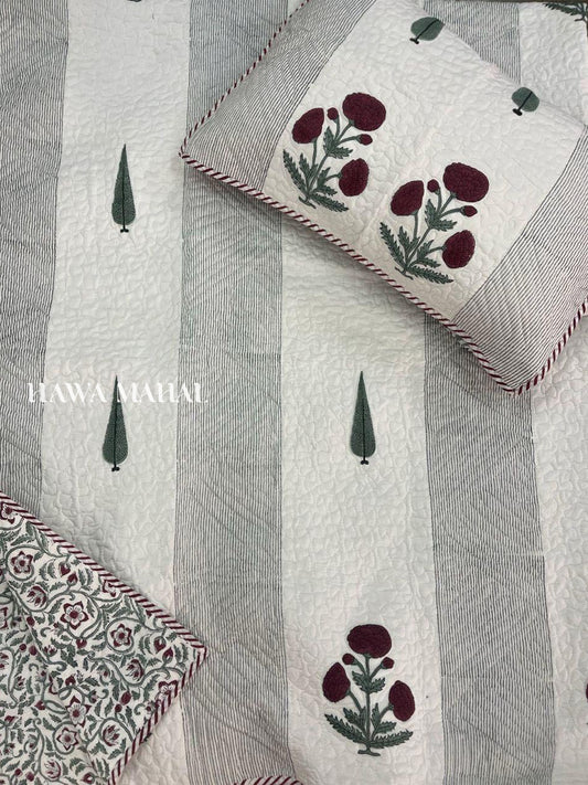 Handcrafted Quilted Cotton Bedcover with Two Pillow Covers