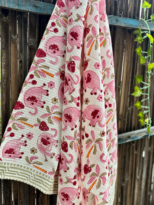 Hand Block Printed Kids Pink Elephant Bath Towel